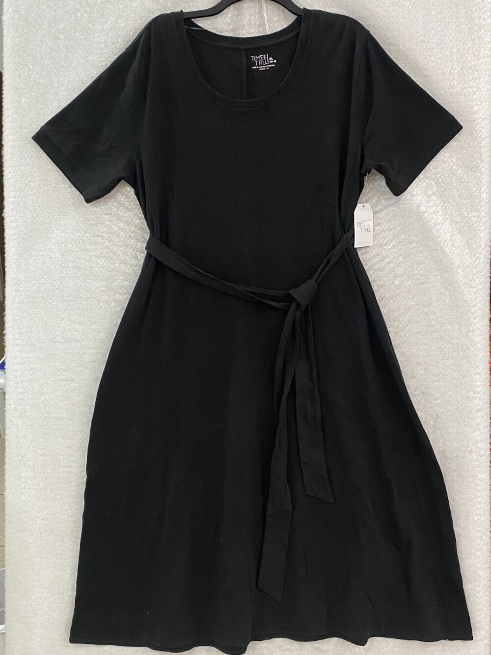 Time and Tru Black Midi Knit Dress Woman's XL Belted Short Sleeve Stretch Casual